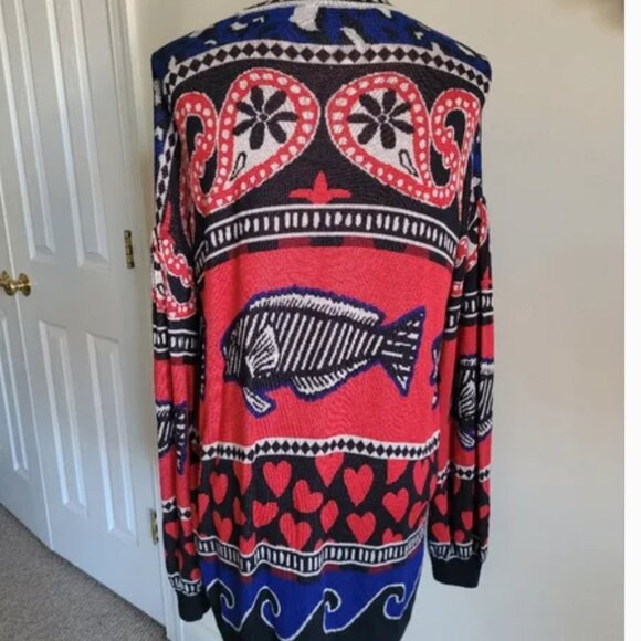 Farm Rio Navy Mix Oversized Fish Print Front Buttons Cardigan size XS - Picture 4 of 7